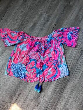 Lilly Pulitzer Sain Off The Shoulder Top Womens large Blue Pink Floral crop